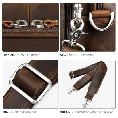 Leather Briefcase for Men 16" Laptop Shoulder Bag with Luggage Strap | 100% full-grain leather, YKK zip, fits 15.6-17" laptop, shoulder strap, 17x6.5x12", 4.2lb