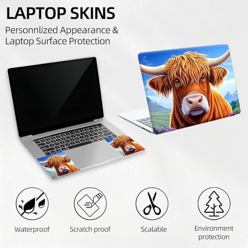 Highland Cow Purple Flowers Universal Laptop Skin Sticker 3PCS, Protective Decal Trim-to-Fit 11.6" 13.3" 14" 15.6" Laptop Vinyl Cover, Removable Anti-Scratch Computer Decal Protector - color: Highland Cow Purple Flowers