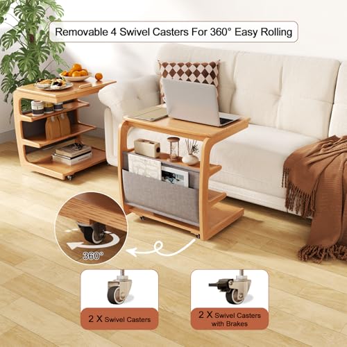 AQIMUELE Rolling Side Table, C Shaped End Table, C Table with 4 Wheels Solid Wood Small Rolling Desk with Adjustable Desktop,C Shaped End Table for Couch,Home Office(15.6" D x 23.6" W x 24.3" H) - color: Natural, size: 15.6"D x 23.6"W x 24.8"H, style: Mod
