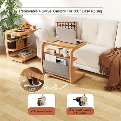 AQIMUELE Rolling Side Table, C Shaped End Table, C Table with 4 Wheels Solid Wood Small Rolling Desk with Adjustable Desktop,C Shaped End Table for Couch,Home Office(15.6" D x 23.6" W x 24.3" H) - color: Natural, size: 15.6"D x 23.6"W x 24.8"H, style: Mod
