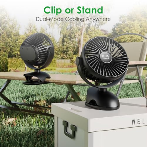 Minthouz Clip on Fan, 8000mAh USB-C Rechargeable Small Desk Fan, 4-Speed 720° Rotation Personal Mini Clip Fan, Portable Mount Fan for Office, Treadmill, Golf Cart, Stroller, Camping & Travel