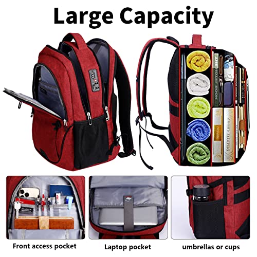SHRRADOO Travel Laptop Backpack for Men Women, 17 Inch College Computer Bag | Anti Theft Backpack with Combination Lock, Carry On Flight Approved, Fit 17 Inch Laptop, Computer College Bag, Work Daypack - color: Wine Red