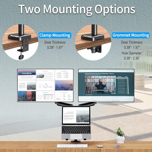 MOUNTUP Dual Monitor and Laptop Mount, Adjustable Monitor Stand for 2 Max 27" Computer Screens, Laptop Tray Fits 10-17inch Notebook, Holds 4.4-17.6lbs Per Arm, 3-in-1 Adjustable Monitor Desk Mount - size: Triple, style: With Pole