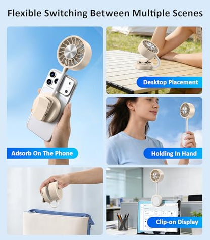 Magnetic Phone Fan with Ice Cooling, 3-in-1 Clip on Fan | Phone Stand, Rechargeable Mini Handheld Fan, 360° Flexible Gooseneck Portable Fan for Cruise Travel Desk Gym Makeup（Beige） - color: Beige