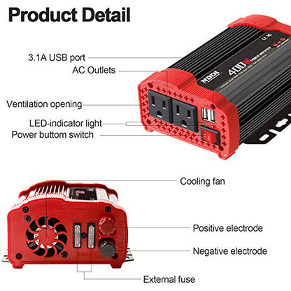 400W Power Inverter, Suitable for Mobile Phones, Laptops, Etc. | DC 12V to 110V AC Car Plug Adapter Socket, 2 Charger Sockets And Dual 3.1A USB Ports, Car Charger Cigarette Lighter Adapter - size: 400W-R