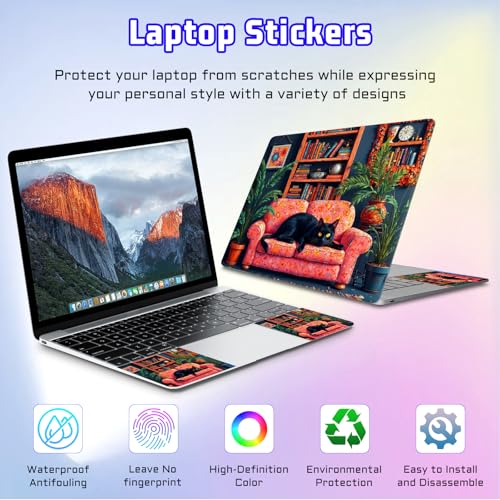 Universal Laptop Skin Sticker Decal, Compatible with MacBook HP Dell Lenovo 12"-15.6", Reusable Vinyl Notebook Cover 3PCS Set, High-Recognition Film-Black Cat on Floral Sofa - color: Black Cat on Floral Sofa