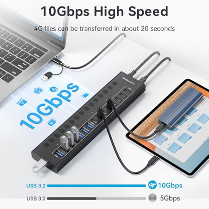 ACASIS 16 Ports Powered USB 3.2 Hub (8 USB-A 3.2 +8 USB-C 3.2), 10Gbps | Individual On/Off Switch for Each Port • Aluminum Housing • Better Heat Dissipation • Plug & Play • 96W Power Adapter - color: Black
