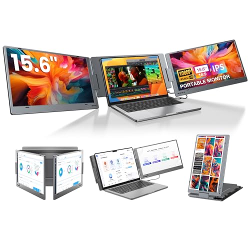 KYY Triple Laptop Screen Extender, Portable Monitor for Laptop Full Alloy | 15.6" Travel Monitor, USB-C Portable Screen, Extra Monitor for 12"-17'' Laptops 360° Rotation & Kickstand (Driver Need) X90D - color: Grey