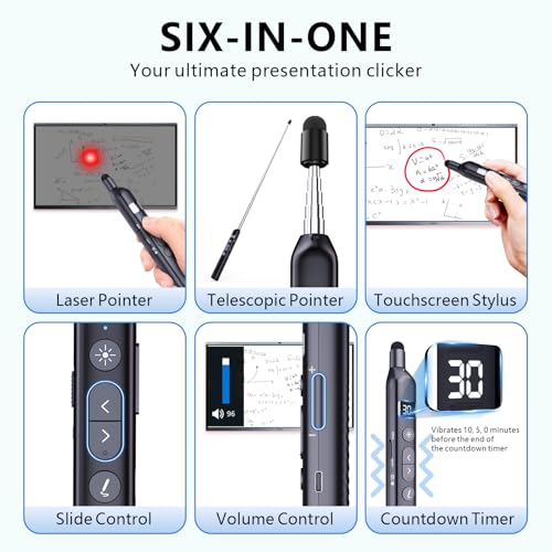 N21 Bluetooth Presentation Clicker for PowerPoint with Retractable Pointer | ①Red laser ②Telescopic touch pen ③Countdown timer, vibration alert ④Customizable Button ⑤Rechargeable;battery level display - color: Black - Red Pointer