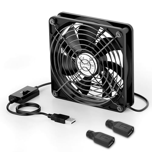 ELUTENG 120mm USB Computer Fan, 5V PC Cooling Fan with 3 Adjustable Speeds | DC to USB Adapter, Metal Grill Fan for Laptop, PS5/PS4, TV Box, Router, AV Cabinet & Projector, Black