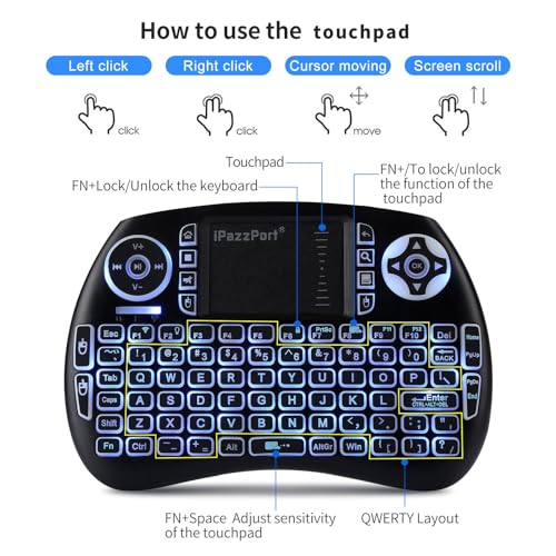iPazzPort (Upgrade Mini Bluetooth Keyboard with Touchpad Handheld, Backlit Mini Wireless Keyboard with 2.4G USB Dongle for Android TV Box/FireStick/Laptop/PC 21SM