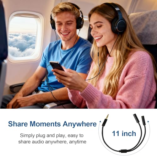 3.5mm Headphone Splitter, 1 Male to 2 Female, 11 in, Black | 24K Gold-Plated Connectors, Oxygen-Free Copper, Nylon Braided, Audio Output Only, No Mic or Inline Controls