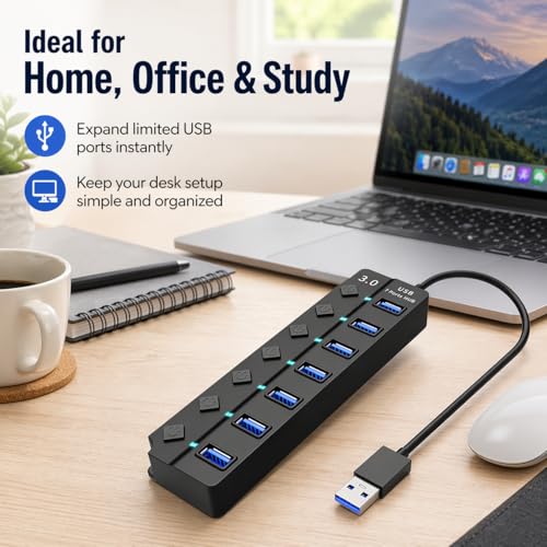 USB 3.0 Hub with 7*USB 3.0 Ports, 5Gbps High-Speed USB Extender with Individual Switch and LED Indicator Light, USB Hub for Laptop, PC, MacBook, Mac Pro, Mac mini, iMac, Surface Pro and More-1FT