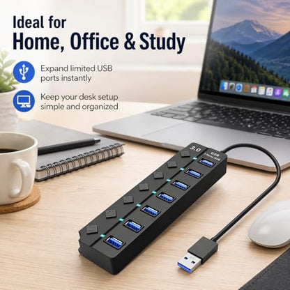 USB 3.0 Hub with 7*USB 3.0 Ports, 5Gbps High-Speed USB Extender with Individual Switch and LED Indicator Light, USB Hub for Laptop, PC, MacBook, Mac Pro, Mac mini, iMac, Surface Pro and More-1FT