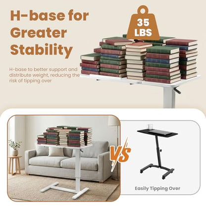 Portable Overbed Rolling Desk, Height Adjustable Mobile Standing Table, Foldable 31 Inch Small Laptop Bedside Desk with Tiltable Desktop, Hidden Wheels, Tray Table for Bed Sofa Side, White - color: White