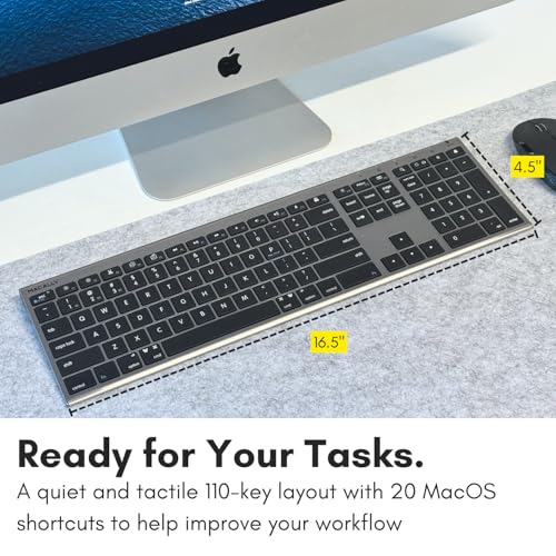 Macally Wireless Bluetooth Keyboard for Mac - Compatible Apple Keyboard or MacBook Pro/Air, iMac - Multi-Device, Up to 3 Devices with 110 Keys, 20 Shortcuts, Numeric Keypad, and Rechargeable - color: Space Gray