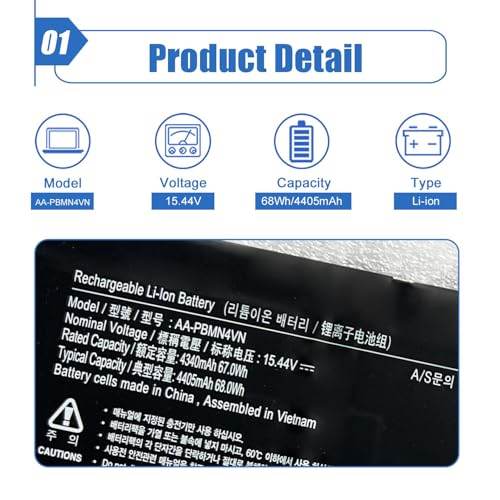 AA-PBMN4VN Laptop Battery 68Wh Compatible with Samsung Galaxy Book Pro 360 15 15.6" NP950XDB NP950XDB-KA1US NP950XDB-KB1US NP950XDB-KC3US NP950XDB-KC5US NP950QDB NP950QDB-KB1US NP950QED-KB1US 15.44V