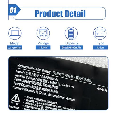 AA-PBMN4VN Laptop Battery 68Wh Compatible with Samsung Galaxy Book Pro 360 15 15.6" NP950XDB NP950XDB-KA1US NP950XDB-KB1US NP950XDB-KC3US NP950XDB-KC5US NP950QDB NP950QDB-KB1US NP950QED-KB1US 15.44V