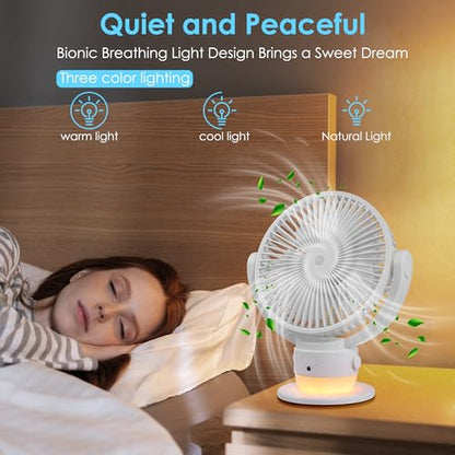 OGZ Portable Fan for Travel Wireless with Remote Timer, 7 Inch Small Desk Fan with LED Night Light 90° Oscillation, Rechargeable USB Fan for Cruise Bed Beside Sleeping Camping Tent - color: White