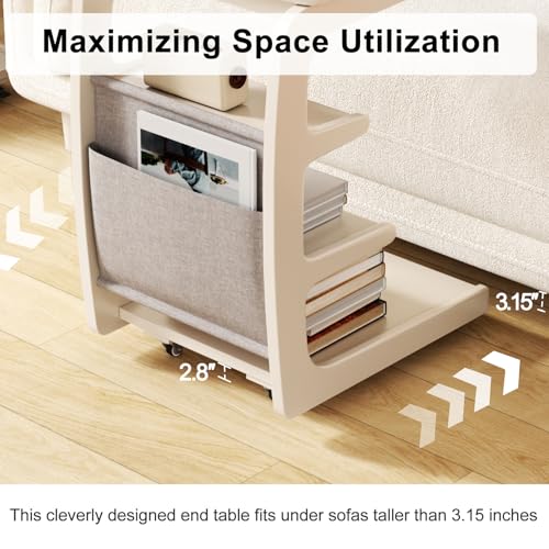 AQIMUELE Rolling Side Table, C Shaped End Table, C Table with 4 Wheels Solid Wood Small Rolling Desk with Adjustable Desktop,C Shaped End Table for Couch,Home Office(15.6" D x 23.6" W x 24.3" H) - color: White, size: 15.6"D x 23.6"W x 24.8"H, style: Moder