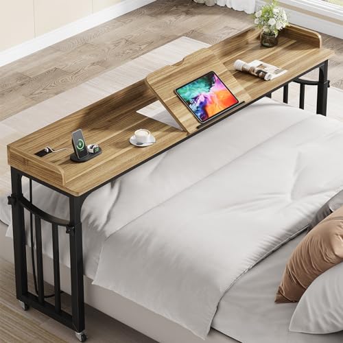 71 in Queen Size Overbed Table with Wheels, Light Brown | Height Adjustable, Bed Table with Adjustable Tilt Board, Mobile Laptop Cart Computer Desk with Power Outlets, USB Ports - color: Light Brown