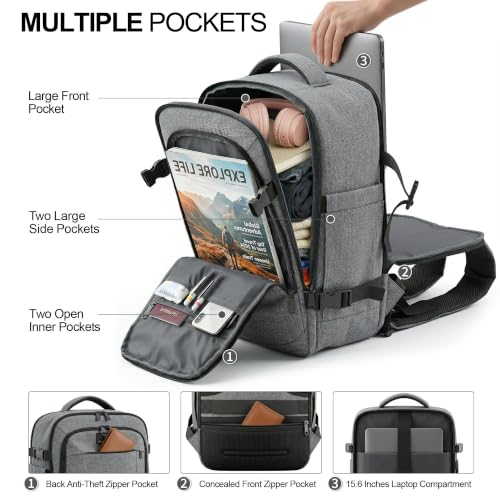 TILYMOL Travel Backpack for Women & Men - 15.6 inch Laptop Backpack Airplane Flight Approved, Large Carry On Anti-theft Bag for Travel Work Business Weekender - color: Grey