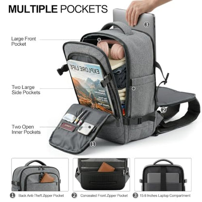TILYMOL Travel Backpack for Women & Men - 15.6 inch Laptop Backpack Airplane Flight Approved, Large Carry On Anti-theft Bag for Travel Work Business Weekender - color: Grey