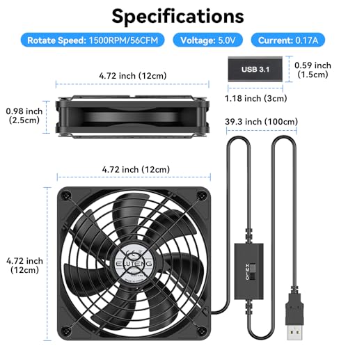 ELUTENG 120mm USB PC Fan 5V with 3 Speed Contorl, Portable USB Computer Fan | High Airflow Electronic Cooling Fan with USB Feamle to USBC Female Adapter for Laptop/TV Box/AV Cabinet/PS5/Router - size: 120mm with female adapter