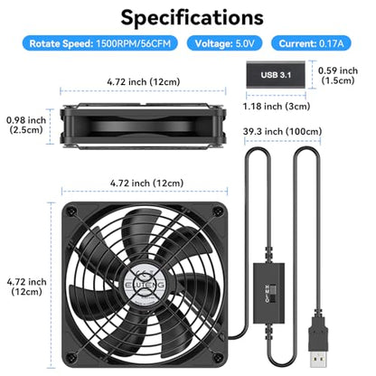 ELUTENG 120mm USB PC Fan 5V with 3 Speed Contorl, Portable USB Computer Fan | High Airflow Electronic Cooling Fan with USB Feamle to USBC Female Adapter for Laptop/TV Box/AV Cabinet/PS5/Router - size: 120mm with female adapter