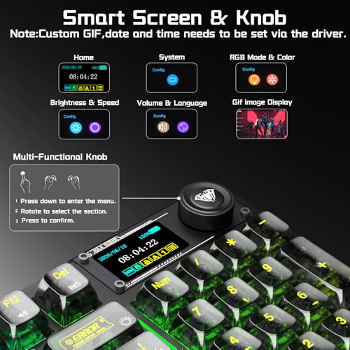 Aula F98Pro V3 Wireless Mechanical Keyboard with Screen & Knob,Tri-Mode Hot Swappable Computer Keyboards,10000mAh Battery,Clear Keycaps RGB Backlit Gasket Mount Black Gaming Keyboard for PC/Office - color: Black