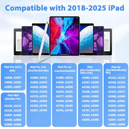 Stylus Pen for iPad A16 11th/10th Palm Rejection & Fast Charging Stylus Pen 2025-2018 Stylus Pencil for Apple iPad 11th/A16/10/9/8/7/6th,Pro 12.9/11/13 inch M4,Air M2/M3/5/4/3,Mini A17/5th/6th - color: White