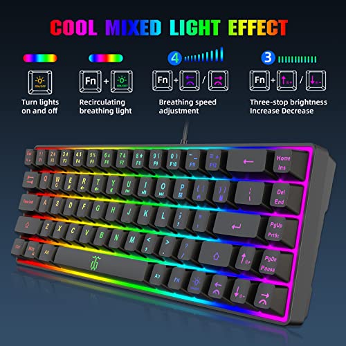 Snpurdiri 60% Gaming Keyboard, Rainbow Backlit Mini Membrane Keyboard for Windows PC Gamers(68 Keys, Black Rainbow) - color: Black(Rainbow)