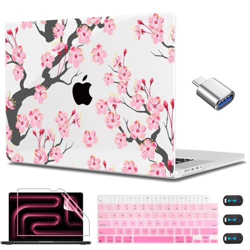 CISSOOK Case for MacBook Pro 14 inch M5 M4 M3 M2 M1 2026-2021 | A3434 A3427 A3426 A3112 A3185 A3401 A2918 A2992 A2779, 5in1 Set Ultra-Thin Hard Shell Case Keyboard Cover, Cherry Floral - color: 14inch-Cherry blossoms