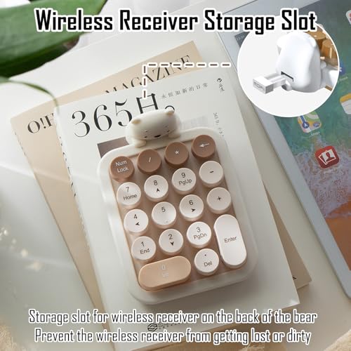 Wireless Number Keypad with Cute Silicone Bear, 18 Colorful Round Keys Numpad, 2.4G USB Wireless Connection, Portable Financial Accounting Numeric Keyboard, Suitable for PC, Laptop (MilkTea) - color: MilkTea