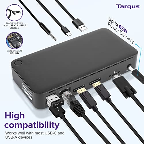 Targus Dual Monitor Universal USB-C DV4K DP Docking Station with 65W Power - Broad Compatibility with a Range of Hosts, Devices, Peripherals, Laptops, and Operating Systems (DOCK315USZ)