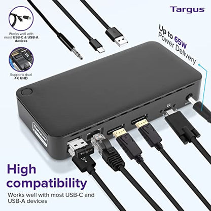 Targus Dual Monitor Universal USB-C DV4K DP Docking Station with 65W Power - Broad Compatibility with a Range of Hosts, Devices, Peripherals, Laptops, and Operating Systems (DOCK315USZ)