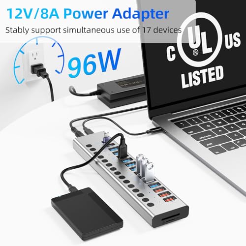Powered USB Hub 10Gbps, 17 Ports USB 3.2 Hub, 96W Power Adapter | 10 USB-A 3.2, 3 QC 24W Fast Charging, 2 USB-C 3.2, SD/TF, 12V/8A Power Adapter for Laptop, PC, Computer, HDD, Flash Drive - color: Silver