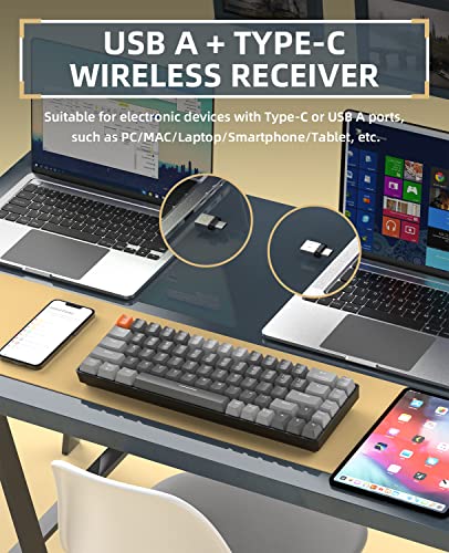 ZIYOU LANG RK68 60% Wireless Mechanical Keyboard, Bluetooth 5.0/2.4Ghz Dual Mode 2-in-1 USB-C Receiver Mini Mechanical Keyboard, Hot Swappable Red Switch Gaming Keyboard for PC/MAC/Laptops - color: Dark gray/Red Switch