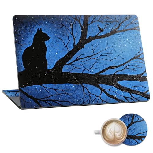 Laptop Skin Sticker Decal 15.6 Inch,12 13 13.3 14 15 15.6 in Laptop Netbook Skins for Notebook,Art Decal Removable Waterproof Scratch Resistant,Universal Vinyl Cover,Black Cat Blue Tree - color: Black Cat Blue Tree