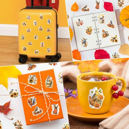 Fall Plant Bird Sticker for Laptop Nature Gift Wrapping Craft | Autumn Plant Bird Sticker for Thanksgiving Scrapbooking Gift Wrapping Nature Journaling DIY Crafts Warm Autumn Color Palette - style: Autumn Fall Plant Bird