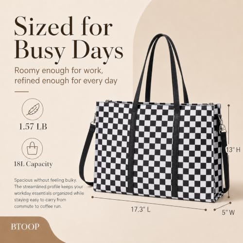BTOOP Work Tote Bag for Women, Laptop Tote Bag With 15.6 Inch Padded Compartment, Teacher Nurse Bible Bags - color: Black-white Checkered