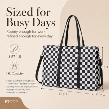 BTOOP Work Tote Bag for Women, Laptop Tote Bag With 15.6 Inch Padded Compartment, Teacher Nurse Bible Bags - color: Black-white Checkered