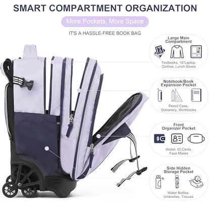 NEW TILAMI 18 Inch Expandable Rolling Backpack Stair-Climbing for School | 6-Wheel Stair-Climbing Girls Boys Carry-on Suitcase 15.6 Laptop Sleeve Water-Resistant Adjustable Handle Wheel Travel Camping - color: Purple