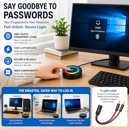 USB Fingerprint Reader for Windows Hello | PC Power Button, RGB Lighting, One-Click Lock, Auto Driver Install, 5ft Extension Cable
