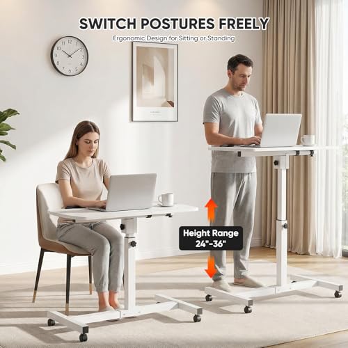 Magshion Tilt Overbed Bedside Table with Wheels, Rolling Laptop Desk with Mouse Table & Height Adjustment from 24" to 36", Sit to Stand Up, Mobile Standing Desk for Hospital Home Office, White Frame - color: White Fram, size: Split Desktop