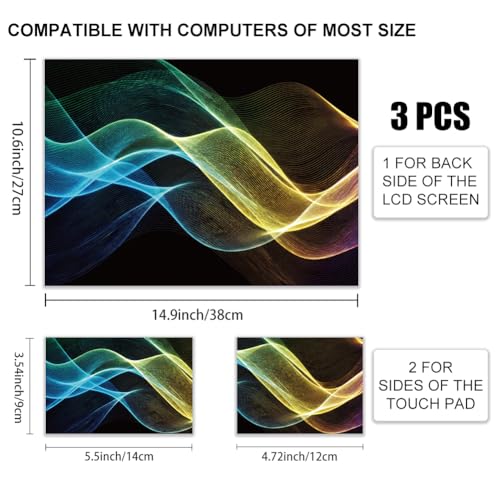 3Pcs Abstract Neon Laptop Skin Sticker Light Wave Universal Removable Vinyl Stickers Fits for 12.1 13 14 15.6 16 Inch Waterproof Notebook Decal Cover Gift - color: black and colorful yellow