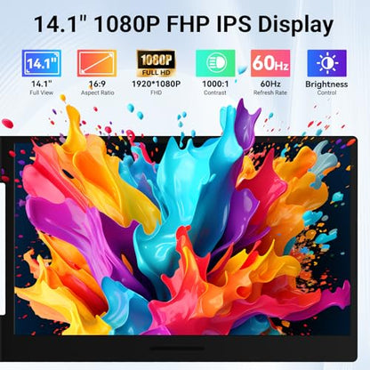 Laptop Screen Extender 14.1" 1080P, Dual Screen Monitor for Laptop 13-17.3" | Plug & Play FHD IPS Portable Monitor Extender with USB-C/HDMI,Travel Monitor for Work, Home Office Mac/Windows/Chrome/Android