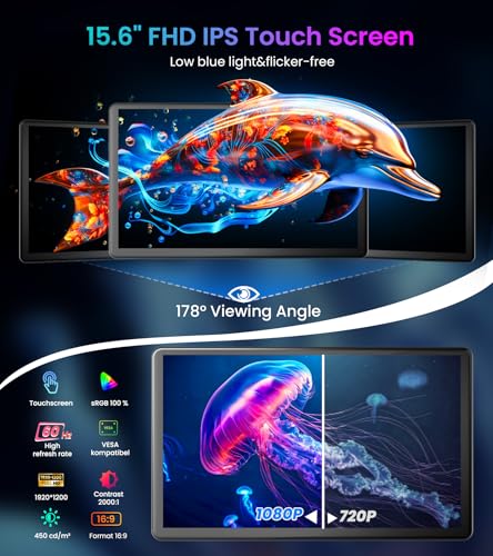 15.6" Touchscreen Monitor,VGA DVI HDMI VESA for Industrial (dark black) | 10-point touch,Quick response,Dual-Speaker,178°viewing angle,400nits,2000:1,72%NTSC,IPS,remote control,PC,Laptop,RPi,POS - color: dark black