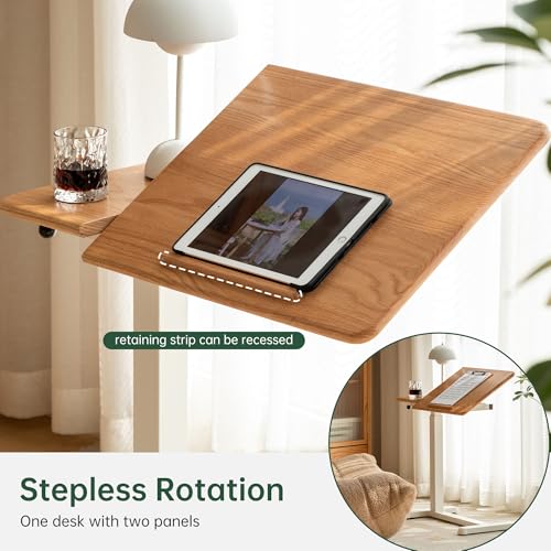 Height Adjustable Bedside Desk, 100% Solid Wood Overbed Table with Wheels, Rolling Laptop Table for Home, Office, Study, Bedroom - color: Natural-oak Wood Flip Panel, size: 27"W