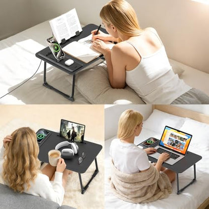 Lap Desk Bed Table with Wireless Charger - Foldable Large Laptop Tray with Tablet Slot and Book Shelf, No Assembly Table for Couch Chair Floor for Sturdy, Writing, Studying Eating, and WFH